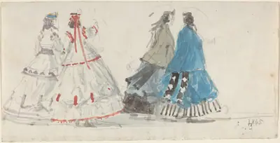 Four Ladies in Crinolines Walking at Trouville