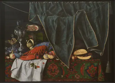 Trompe l'oeil med måltidsstykke med pragtkar