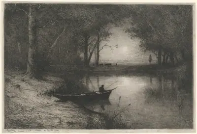 Pêcheur en Canot, au bord d'une Rivière (Fisherman in a Boat)