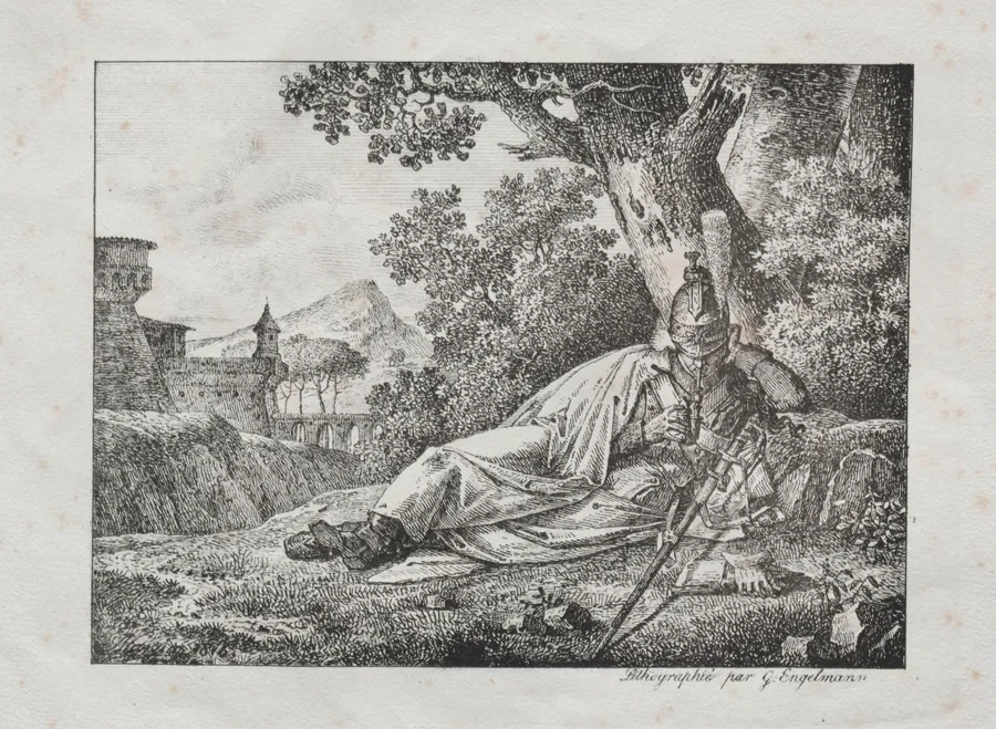 Receuil d'essais lithographiques:  Dragon fumant couche au pied d'un arbre by Antoine Pierre Mongin