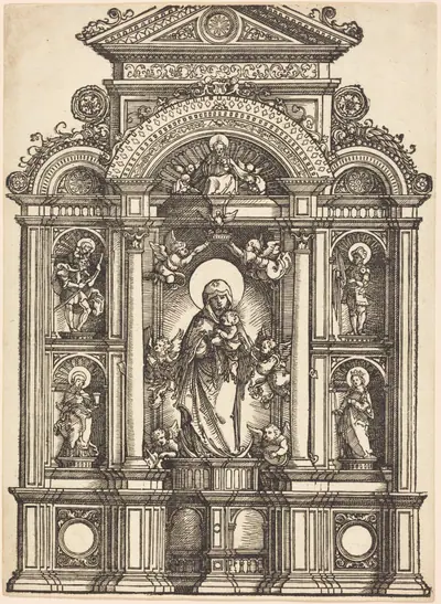 Altarpiece with the Beautiful Virgin of Regensburg and Saints Christopher, Mary Magdalene, Florian, and Catherine Standing in Niches, with God the Father Above