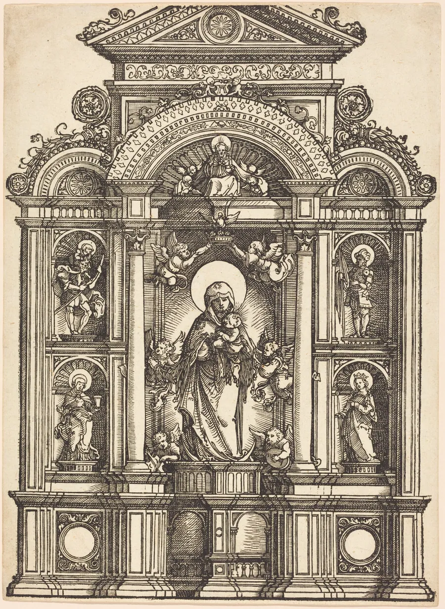 Altarpiece with the Beautiful Virgin of Regensburg and Saints Christopher, Mary Magdalene, Florian, and Catherine Standing in Niches, with God the Father Above by Albrecht Altdorfer