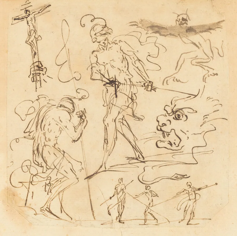 Sheet of Studies with a Soldier Drawing a Sword, a Crucifix, Monstrous Animals, and Other Figures by Neapolitan 17th Century