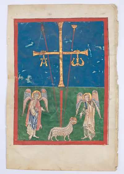 Leaf from a Beatus Manuscript: the Lamb at the Foot of the Cross, Flanked by Two Angels; The Calling of Saint John with the Enthroned Christ flanked by Angels and a Man Holding a Book