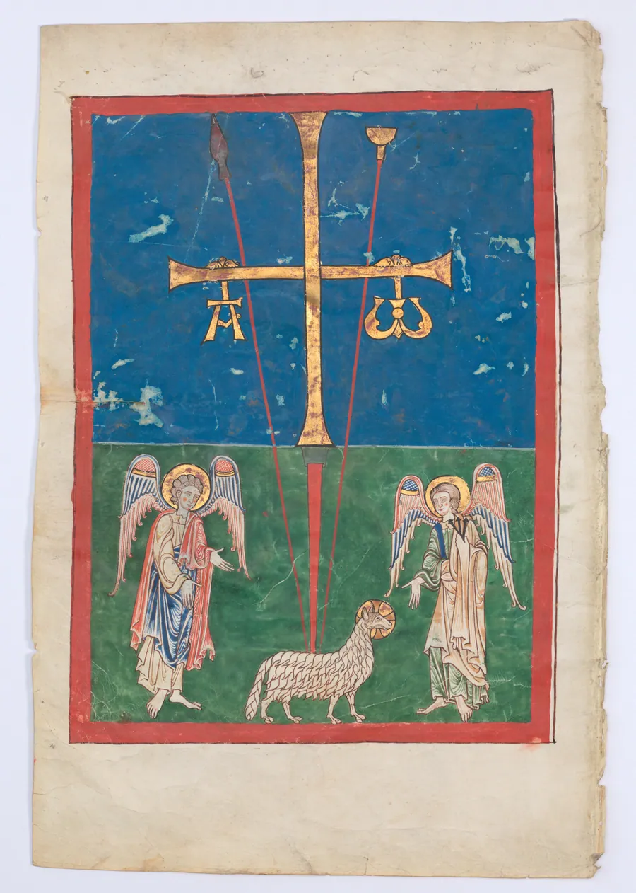 Leaf from a Beatus Manuscript: the Lamb at the Foot of the Cross, Flanked by Two Angels; The Calling of Saint John with the Enthroned Christ flanked by Angels and a Man Holding a Book