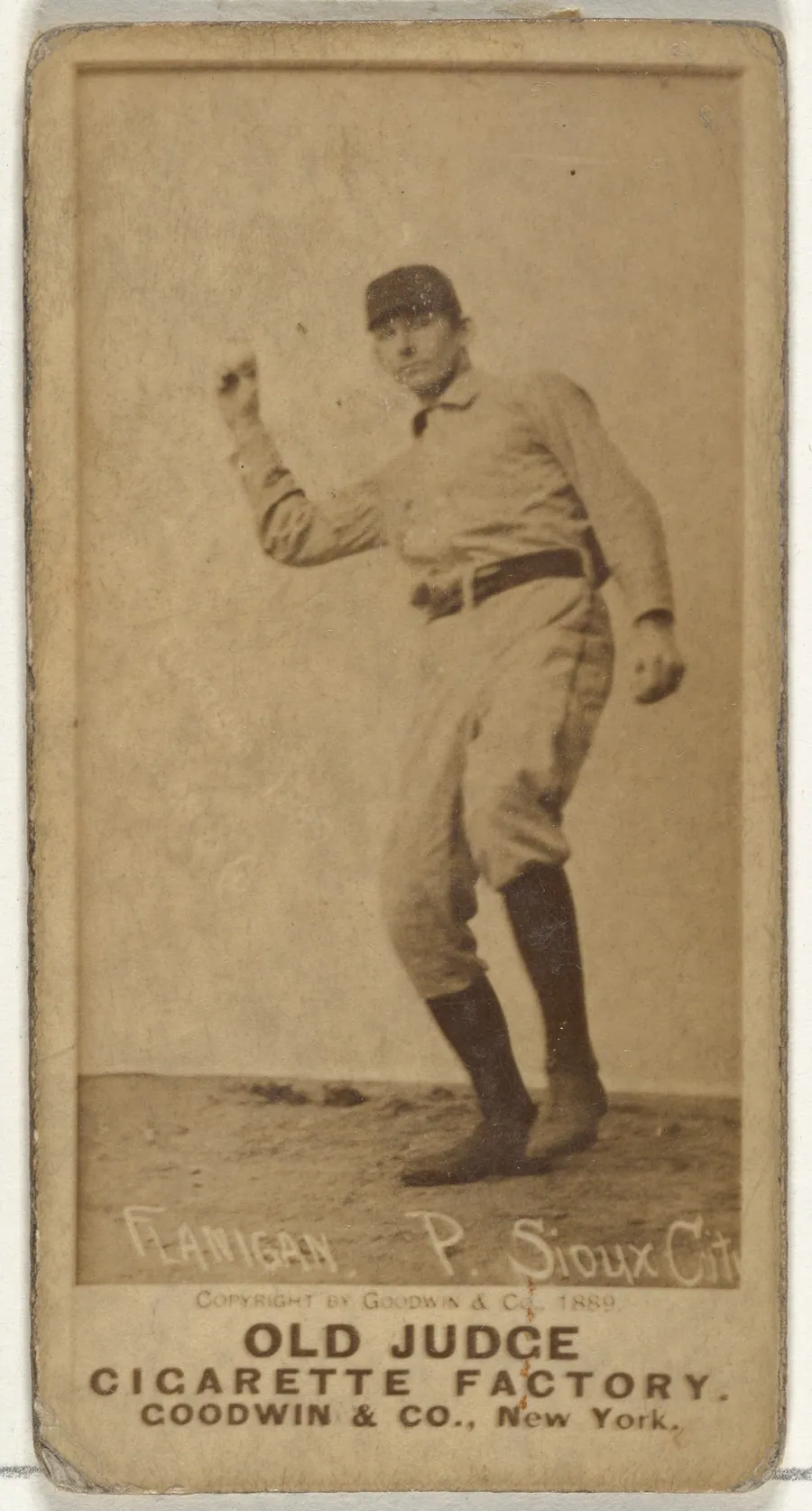 Thomas Flanagan, Pitcher, Sioux City Corn Huskers, from the Old Judge series (N172) for Old Judge Cigarettes by Goodwin & Company