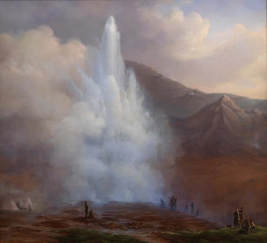 Store Geysir på Island under eruptionen i året 1834 by Friedrich Theodore Kloss