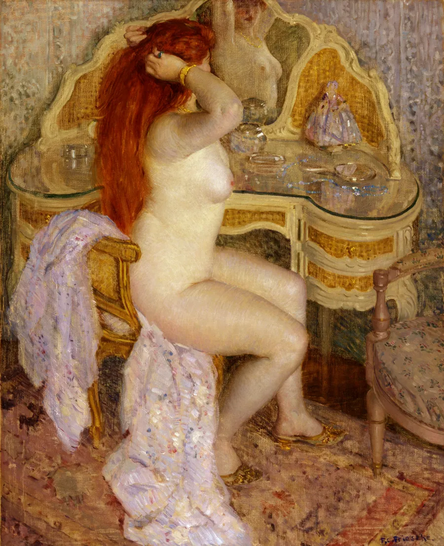 Nude Seated at Her Dressing Table by Frederick Carl Frieseke, born Owosso, MI 1874-died Le Mesnil-sur-Blangy, France 1939