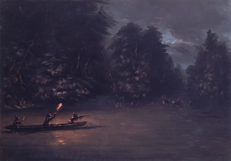 Deer Hunting by Torchlight in Bark Canoes by George Catlin, born Wilkes-Barre, PA 1796-died Jersey City, NJ 1872