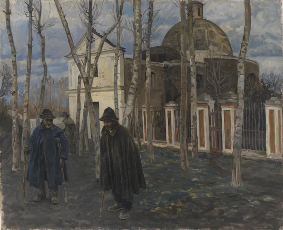 Tiggere uden for en kirke. San Giuliano ved Pompeji by Peter Hansen