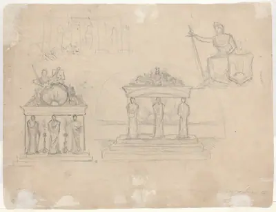 Studies of Classical Temple Facades and Seated Female Figure [verso]