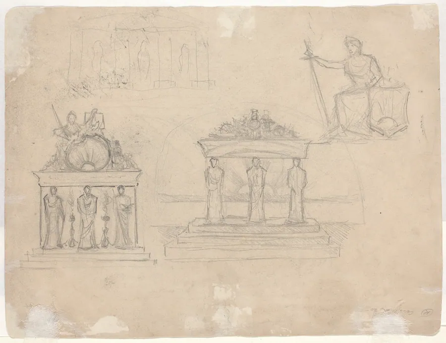 Studies of Classical Temple Facades and Seated Female Figure [verso] by John William Casilear
