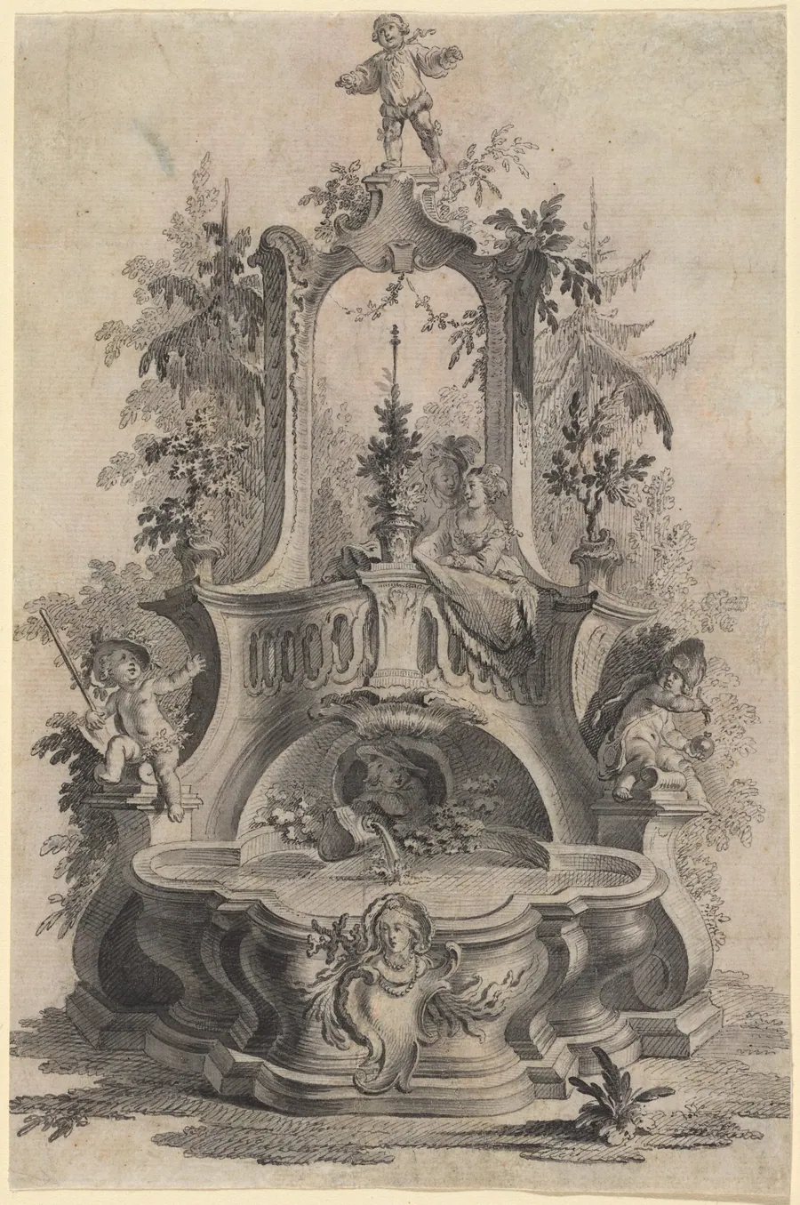 Rococo Fountain with Lovers and the Four Elements by Johann Esaias Nilson
