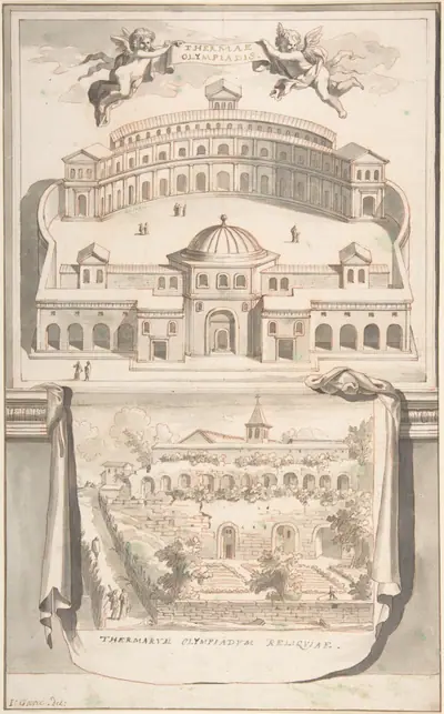 Reconstruction of the Thermae Olympiadis (above) and View of the Ruins (below)