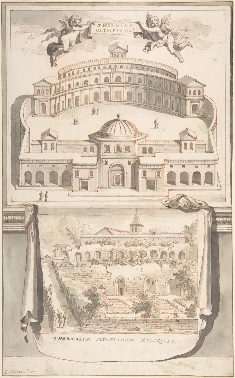 Reconstruction of the Thermae Olympiadis (above) and View of the Ruins (below) by Jan Goeree