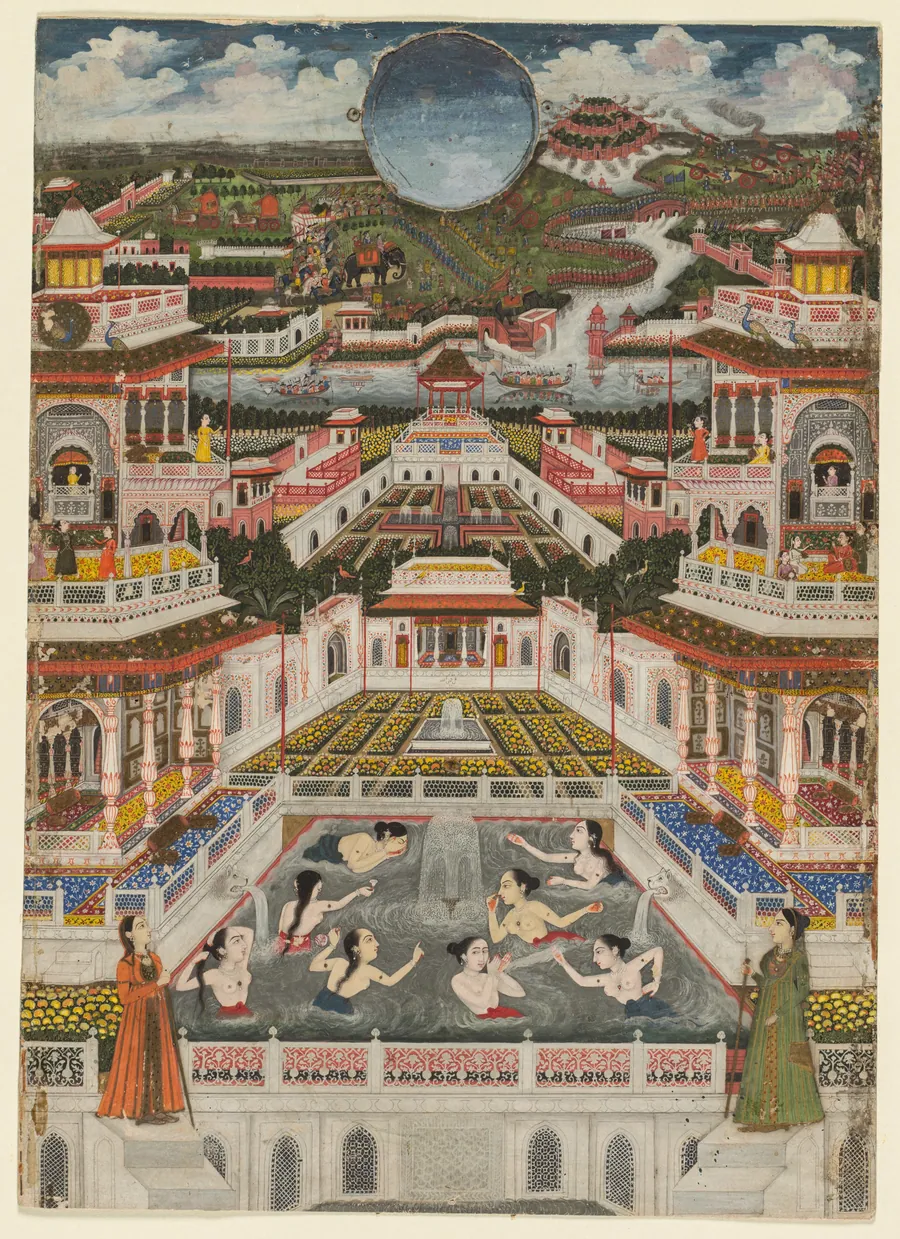 Women bathing before an architectural panorama by Fayzullah