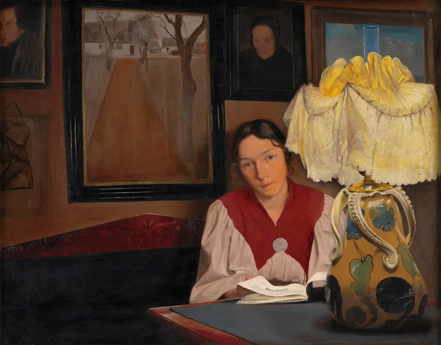 Lampelys. Interiør med kunstnerens hustru by L.A. Ring