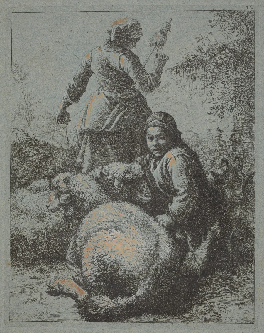 Woman Spinner and a Shepherd with Flock by Francesco Londonio