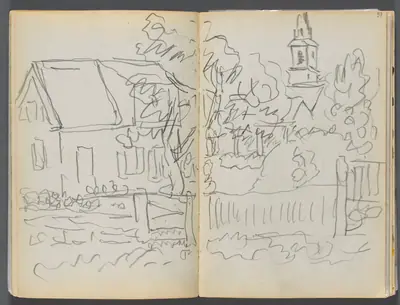 Sketchbook- The Granite Shore Hotel, Rockport, page 056 & 57: Village Scene with Church