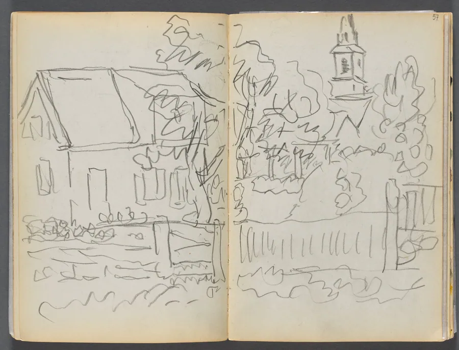 Sketchbook- The Granite Shore Hotel, Rockport, page 056 & 57: Village Scene with Church by Maurice Prendergast