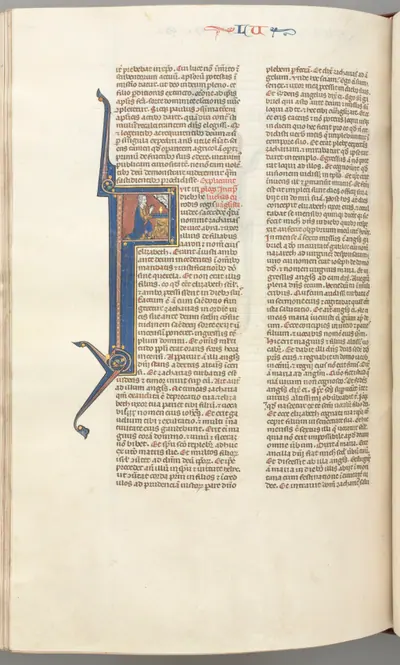 Fol. 412v, Luke, historiated initial F, Luke praying at an altar, bust of God above