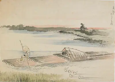 Landscape: boatman poling his raft