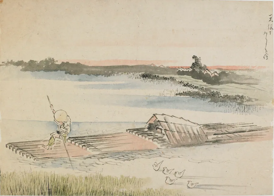 Landscape: boatman poling his raft by Katsushika Hokusai 葛飾北斎 (1760-1849)