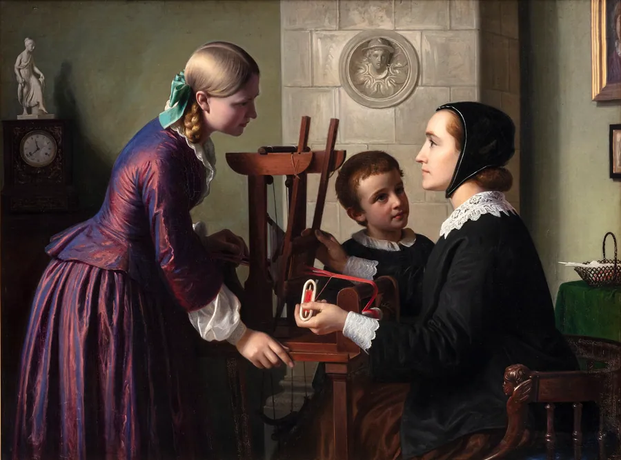 En husmoder ved sin båndvæv taler med to børn by Constantin Hansen