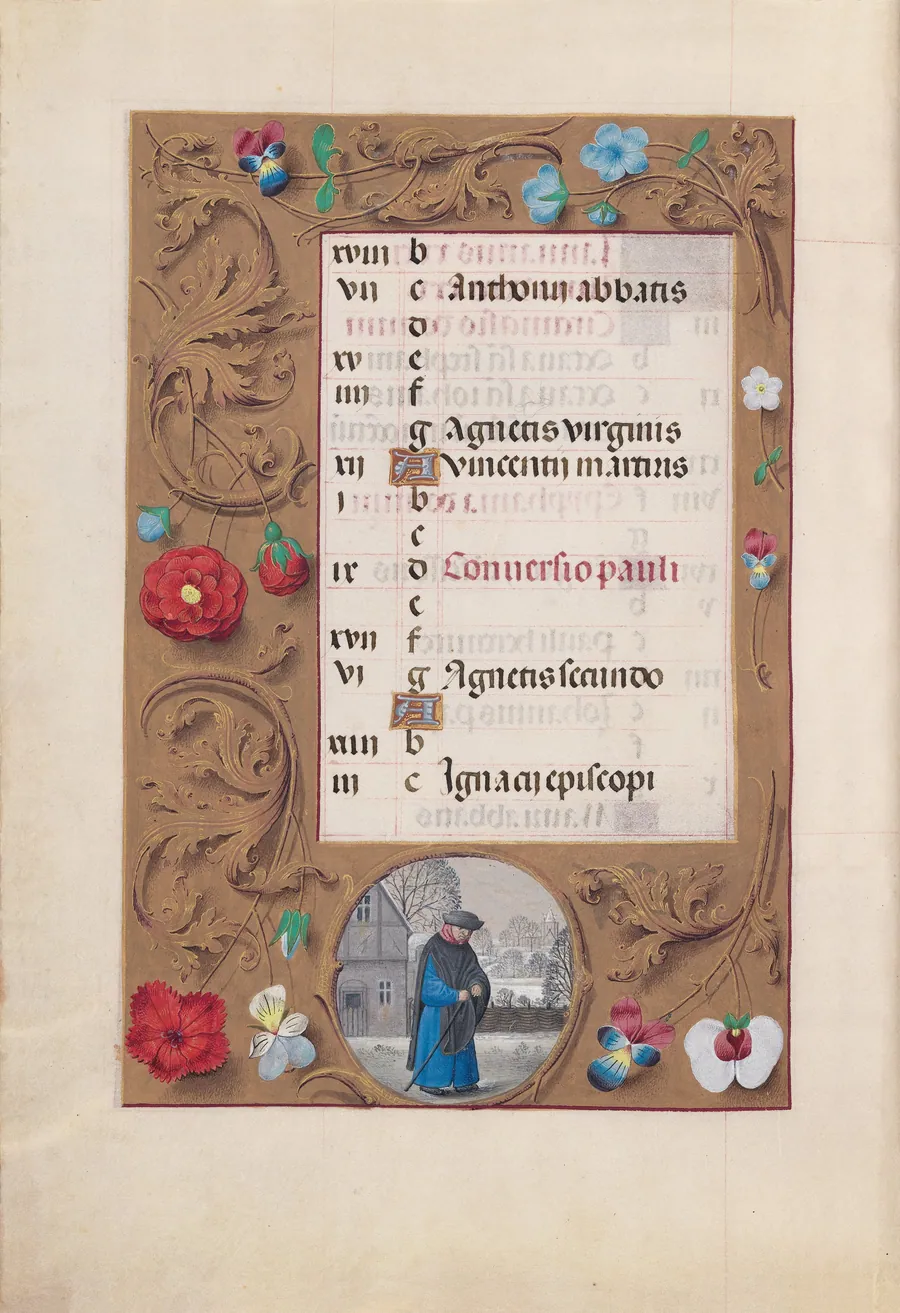 Hours of Queen Isabella the Catholic, Queen of Spain:  Fol. 2v, January - Snow Landscape by Master of the First Prayerbook of Maximillian