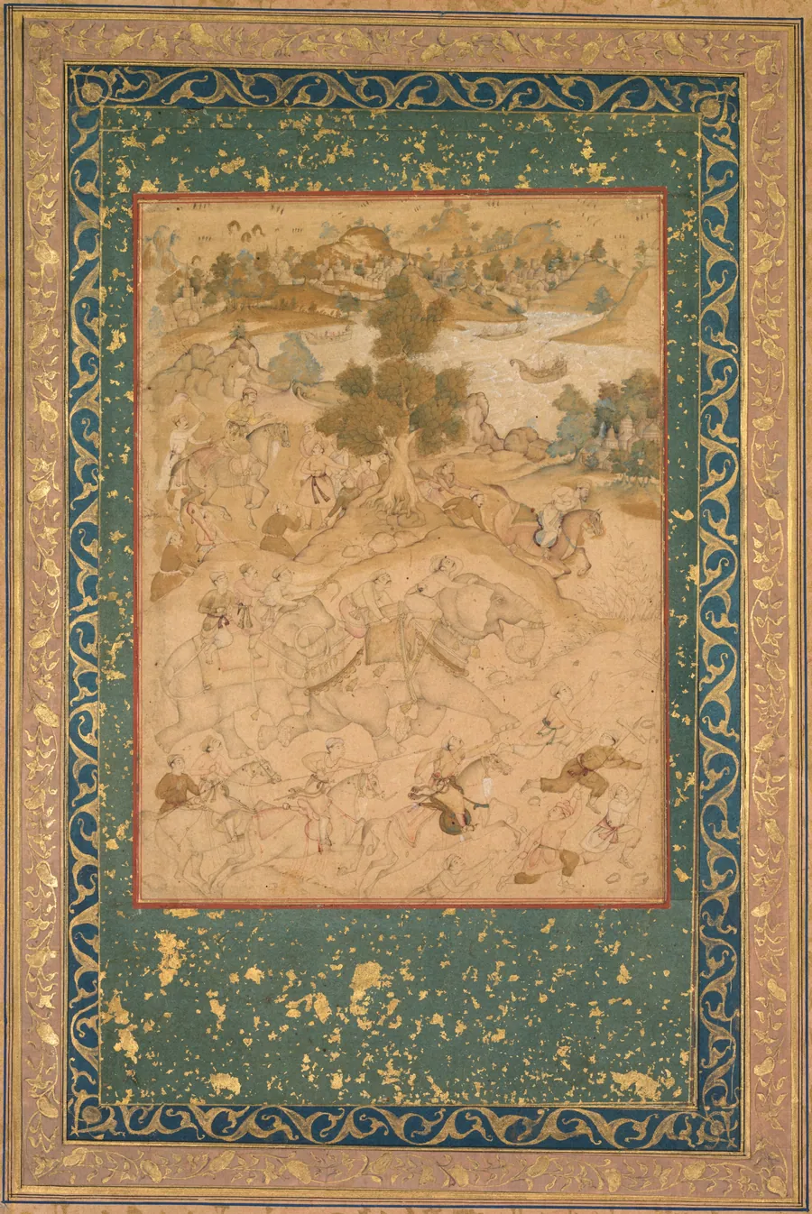 Akbar supervising the capture of wild elephants at Malwa in 1564, painting 90 from an Akbar-nama (Book of Akbar) of Abu’l Fazl (Indian 1551–1602) by Farukh Chela