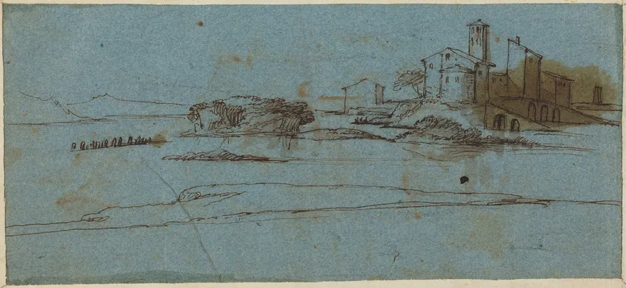 Buildings on a River Bank [verso] by Master of the Blue Landscapes