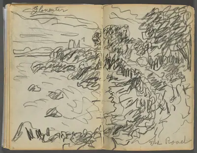 Sketchbook- The Granite Shore Hotel, Rockport, page 008 & 9: "Gloucester- The Road"