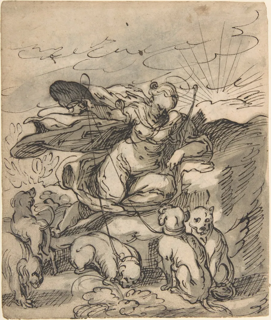 Recto: Diana Resting with Her Hounds; Verso: Flora Seated by a Vase with Two Harks on the Ground, after Jost Amman by Hermann Weyer