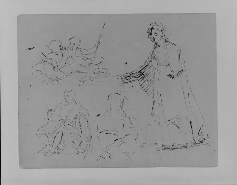 Five Figure Sketches: A Woman Descending a Staircase; Two Children Fishing; Male Seated; Woman Seated (from Sketchbook) by Thomas Sully
