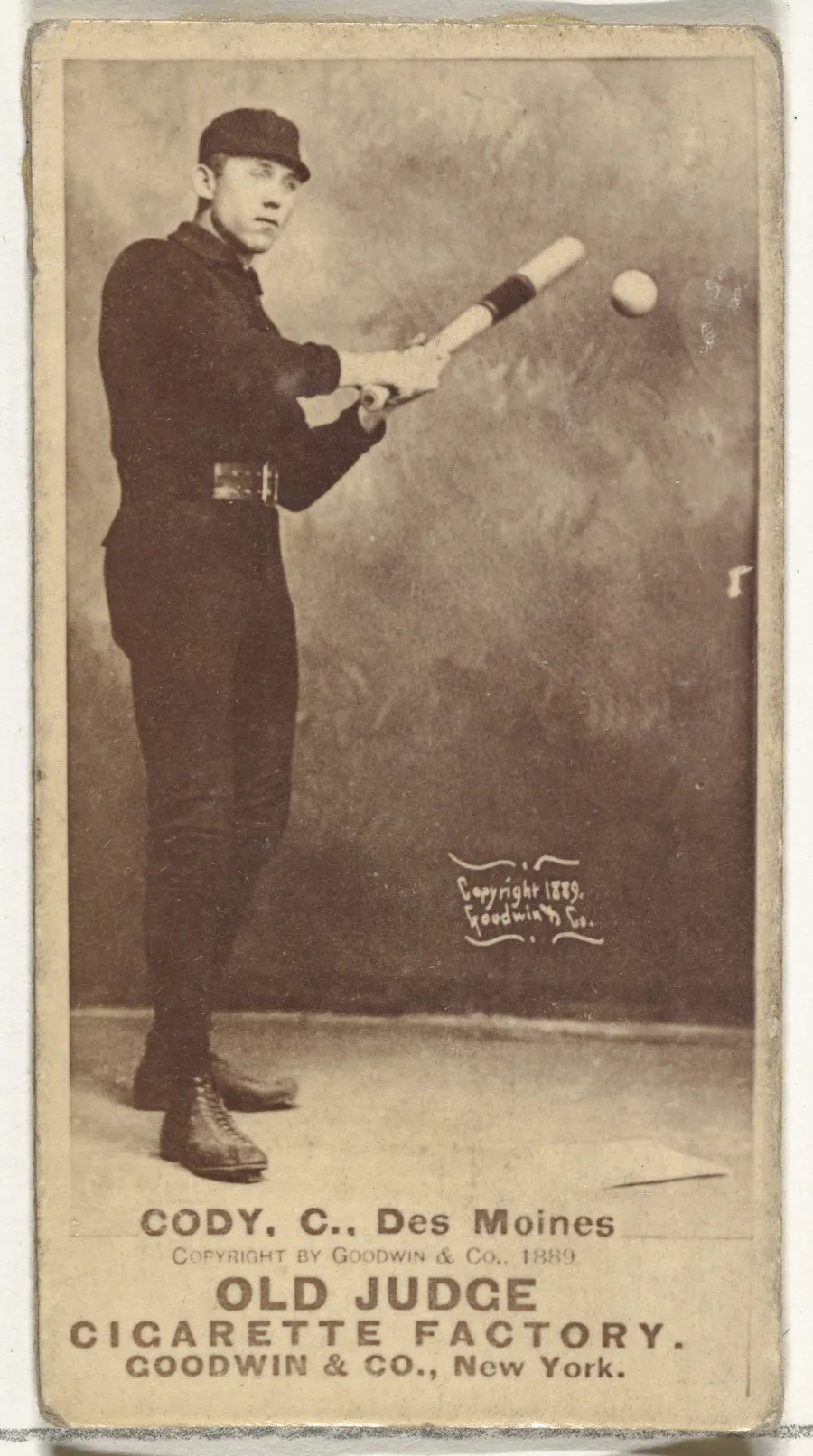 Michael J. Cody, Catcher, Des Moines Prohibitionists, from the Old Judge series (N172) for Old Judge Cigarettes by Goodwin & Company