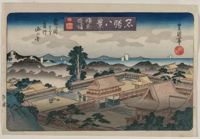 Eight Views of Famous Places:  Evening Bell in Kamakura:  The Mountains in Awa Province from the Hachiman Shrine in Tsurugaoka