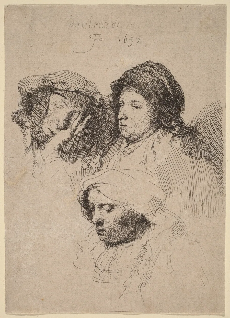 Three Heads of Women, One Asleep by Rembrandt van Rijn