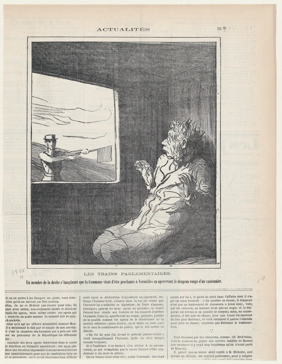 The parliamentary trains: A right wing deputy is shocked by the sight of the red flag of the signal-man, assuming that the Commune has been proclaimed at Versailles, from 'News of the day,' published in Le Charivari, January 22, 1872 by Honoré Daumier
