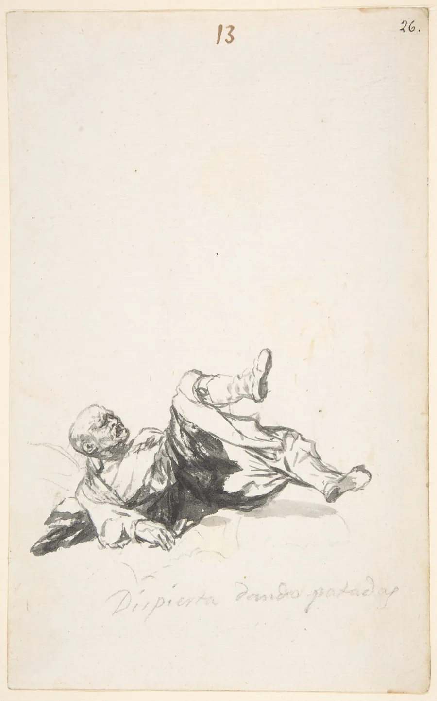 'He Wakes Up Kicking'; a man on the floor kicking his legs after waking from a nightmare; page 13 from the Witches and Old Women Album (D) by Goya (Francisco de Goya y Lucientes)