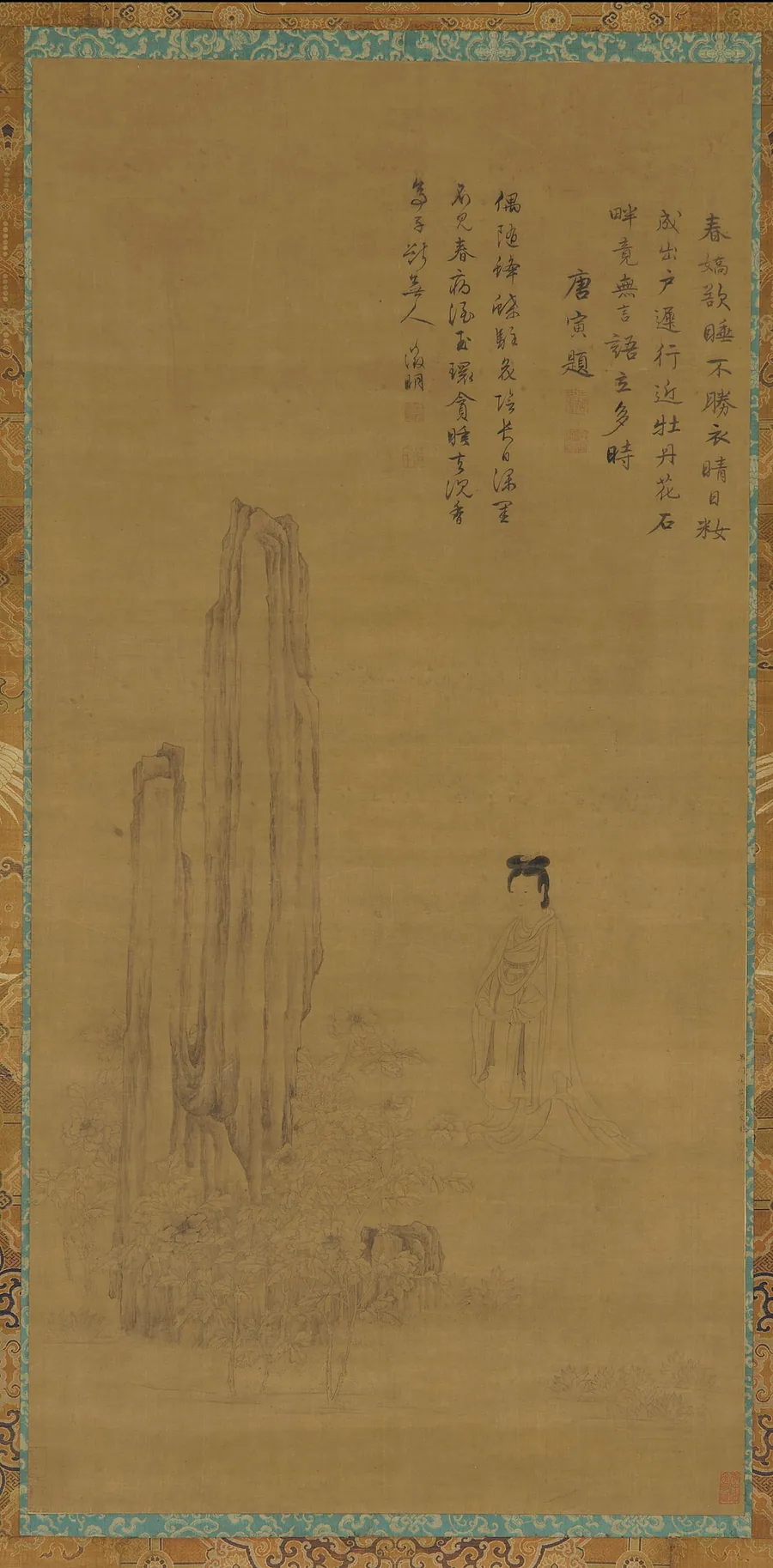 A female figure, garden rocks, and peonies by Formerly attributed to Qiu Ying 仇英 (ca. 1494-1552)