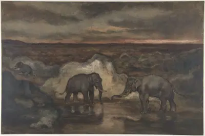 Elephants by a Pool