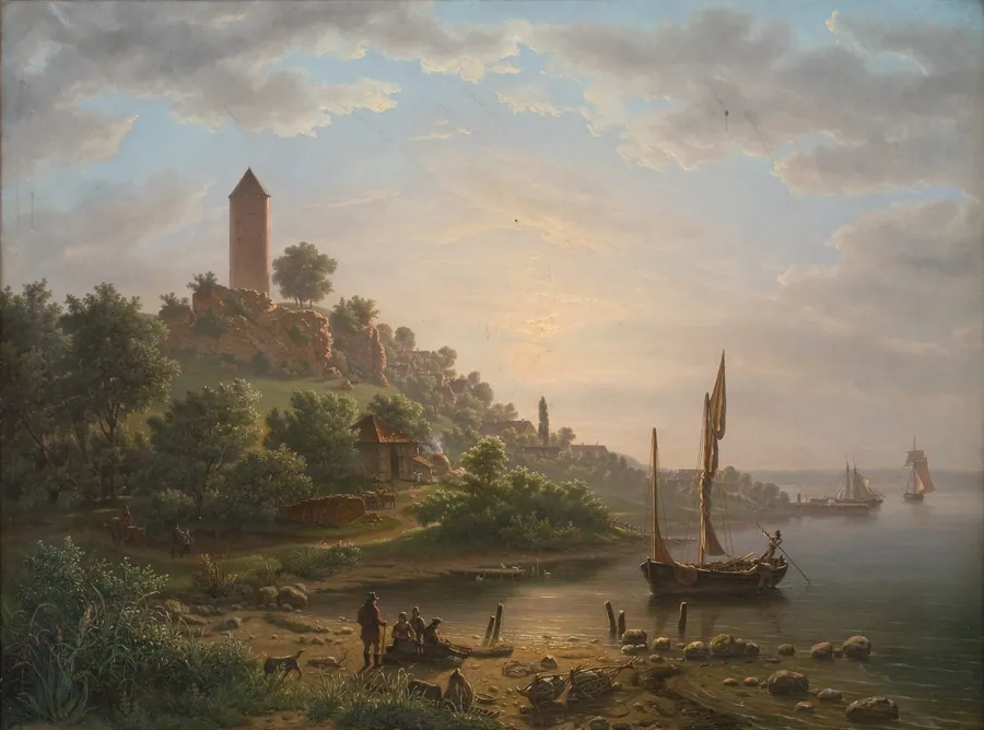 Kysten ved Vordingborg med Gåsetårnet en tidlig morgen by J.P. Møller