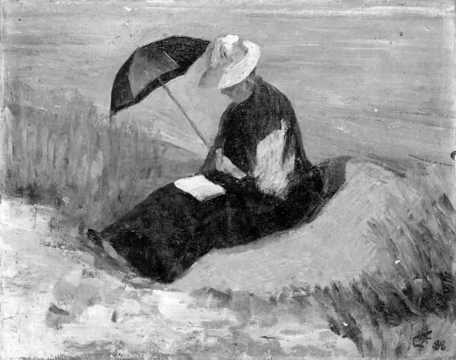 Min moder læsende på stranden by Carl Frydensberg