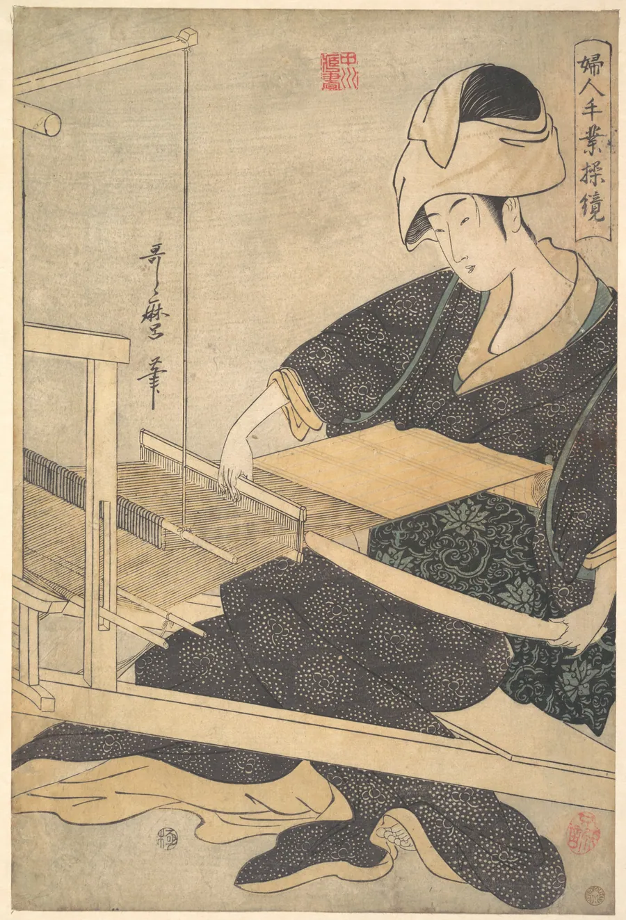 婦人手業操鏡|A Woman Weaving, Seated at a Hand Loom by Kitagawa Utamaro