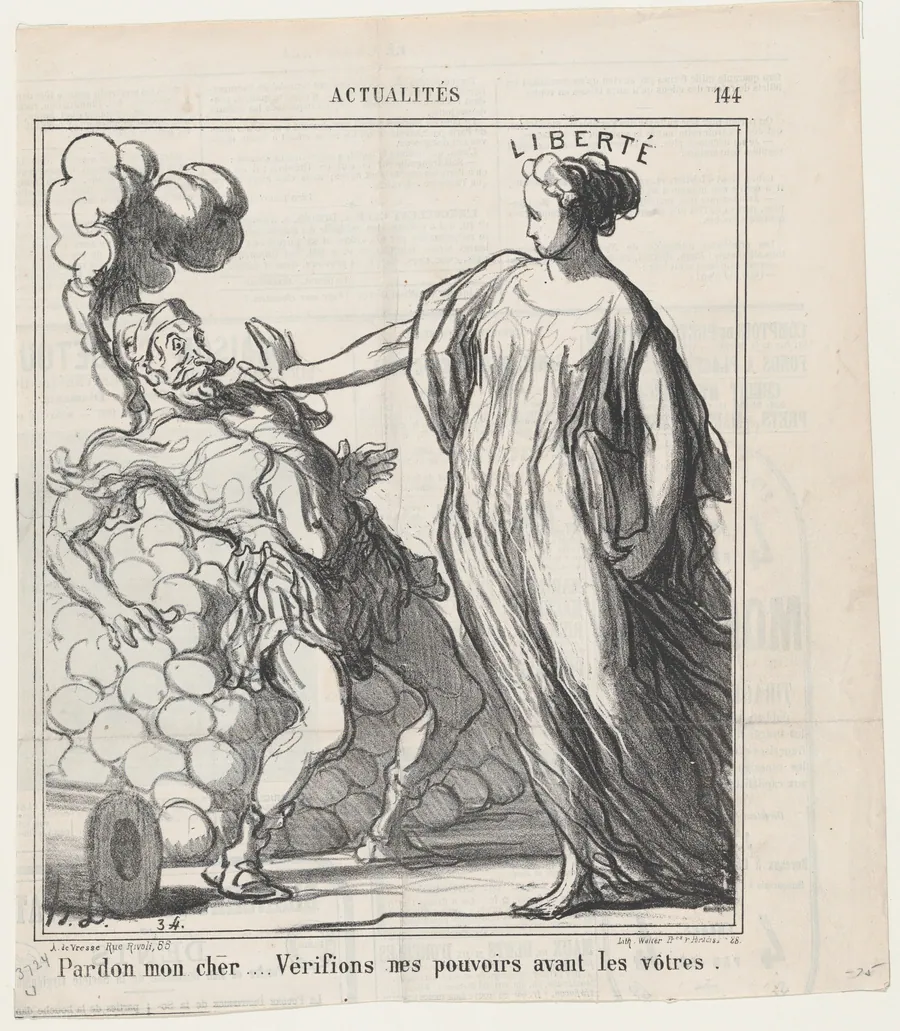 Pardon my friend..... let's verify my powers before yours!, from 'News of the day,' published in Le Charivari, July 16, 1869 by Walter Frères