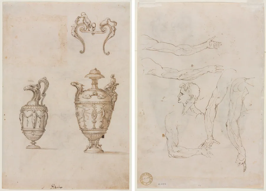 Design for Two Vases and an Ornament (recto); Sketches of Five Arms and a Head (verso) by Luzio Romano