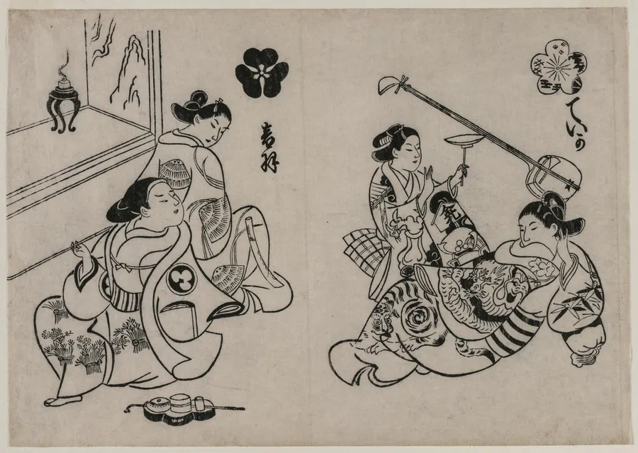 Three Courtesans with a Client by Okumura Masanobu