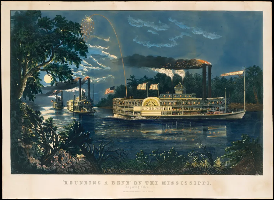"Rounding a Bend" on the Mississippi – The Parting Salute by Currier & Ives