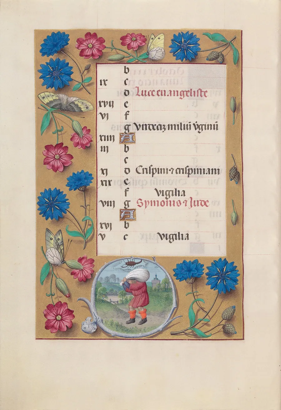 Hours of Queen Isabella the Catholic, Queen of Spain:  Fol. 11v, October by Master of the First Prayerbook of Maximillian
