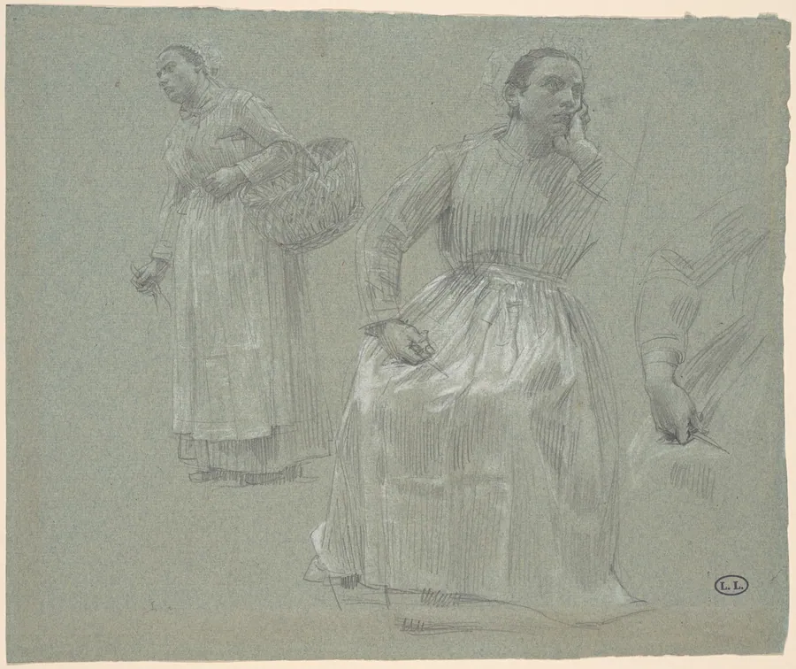 Study of Two Women, One Seated and One Holding a Basket by Léon Augustin Lhermitte